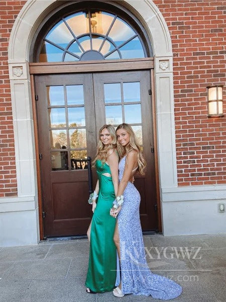 Sparkling Glam Prom Dress V-Neck Sequin Mermaid with High Slit Evening Dress LF566