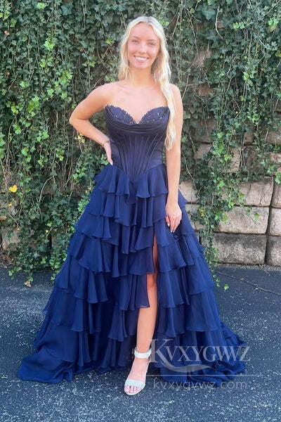 Dreamy Sweetheart Tiered Prom Dress Romantic Princess Evening Dress With Slit LF567