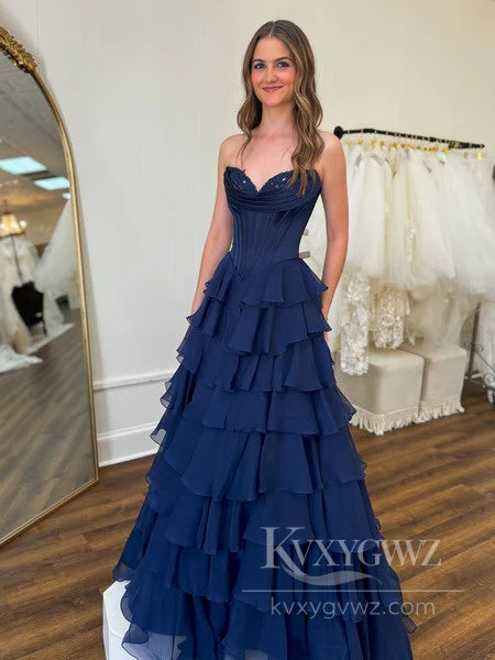 Dreamy Sweetheart Tiered Prom Dress Romantic Princess Evening Dress With Slit LF567