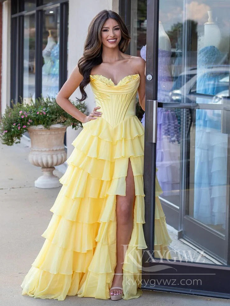 Dreamy Sweetheart Tiered Prom Dress Romantic Princess Evening Dress With Slit LF567