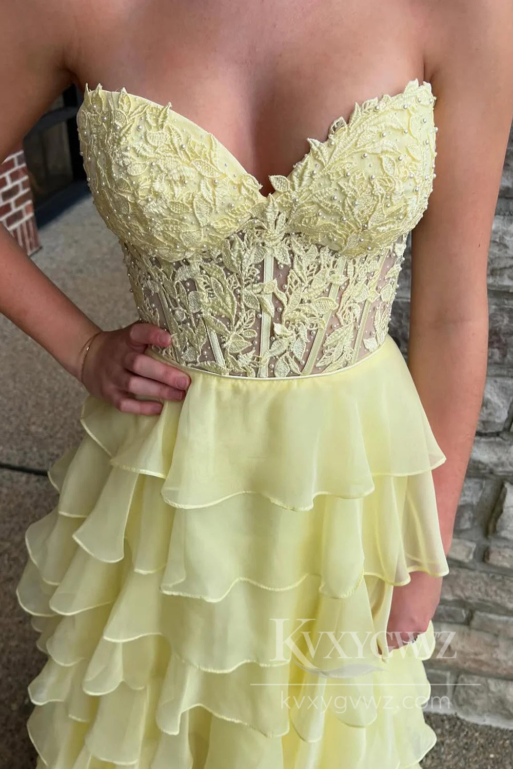 Sunshine Yellow Tiered Cake Prom Dress with 3D Florals Spring Garden Lace Up Evening Dress LF568