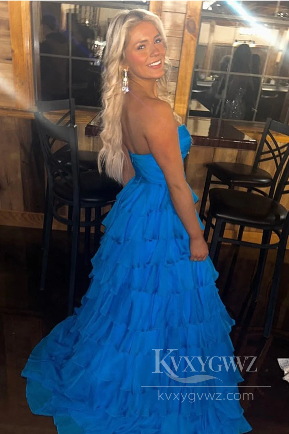 Cute A Line Sweetheart Evening Dresses Royal Blue Chiffon Tiered Long Prom Dresses LF569