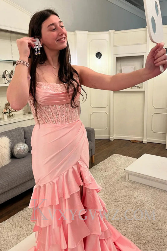 Blush Ruffled Mermaid Long Lace Satin Prom Dress with Slit LF057