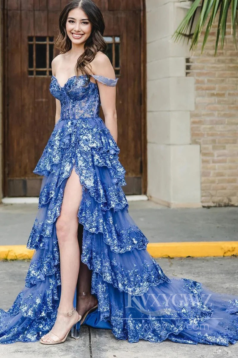 Exquisite Off-Shoulder Lace Prom Dress with Cascading Ruffles Floral Detailing Evening Dress LF574