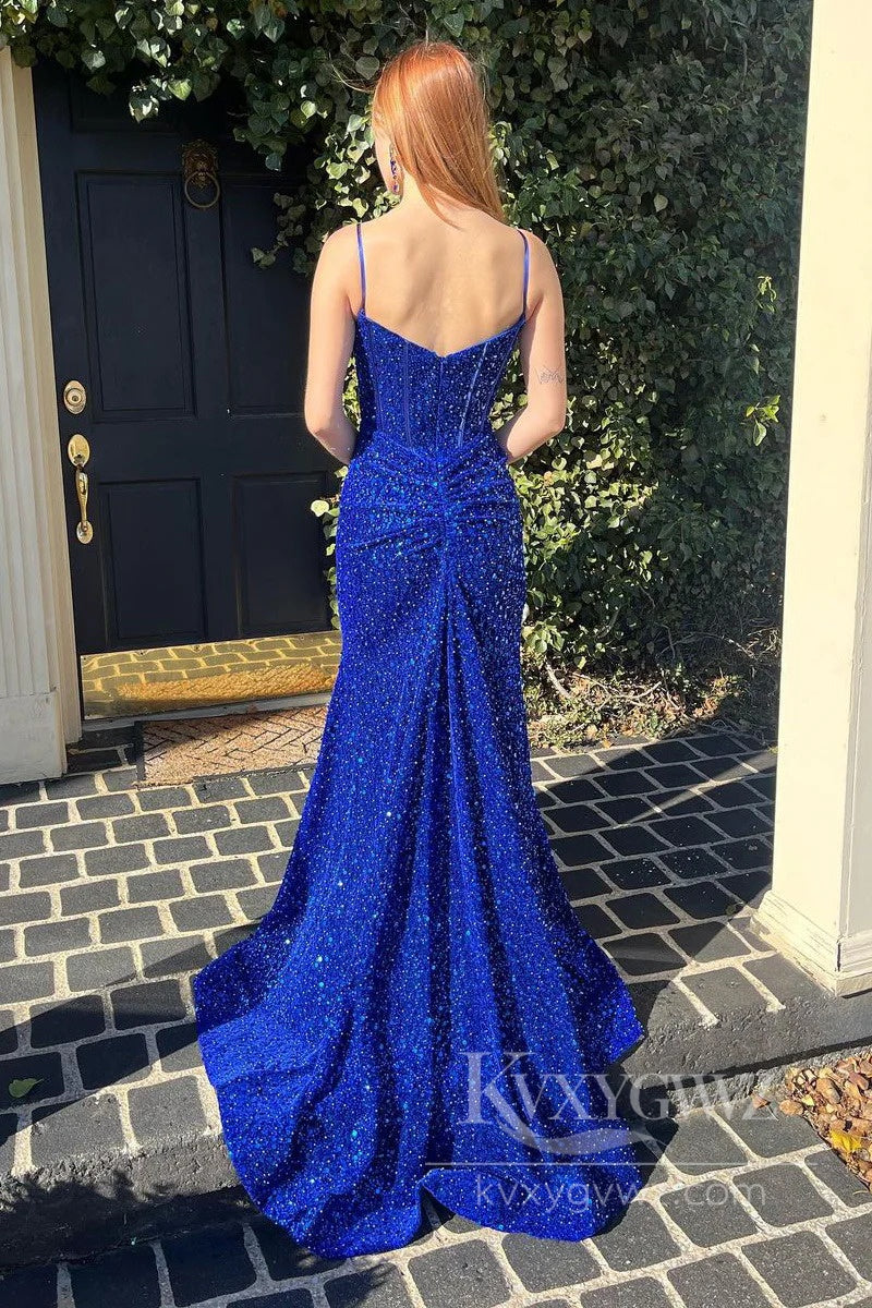 Velvet Sequins Lace Mermaid Prom Dress Spaghetti Straps Sweep Train Evening Dress LF576