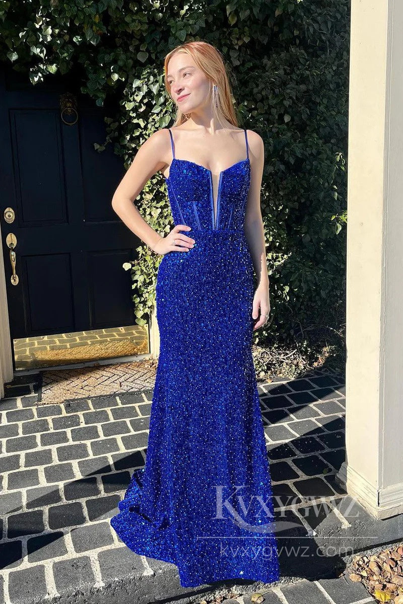Velvet Sequins Lace Mermaid Prom Dress Spaghetti Straps Sweep Train Evening Dress LF576