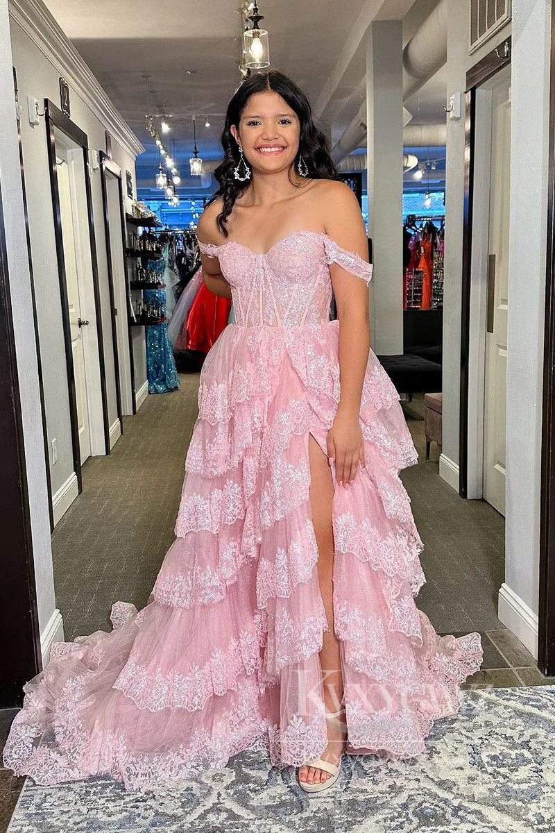 Enchanting Off-the-Shoulder Lace Tiered Prom Dress Fairytale Bridal Perfection Evening Dress LF577