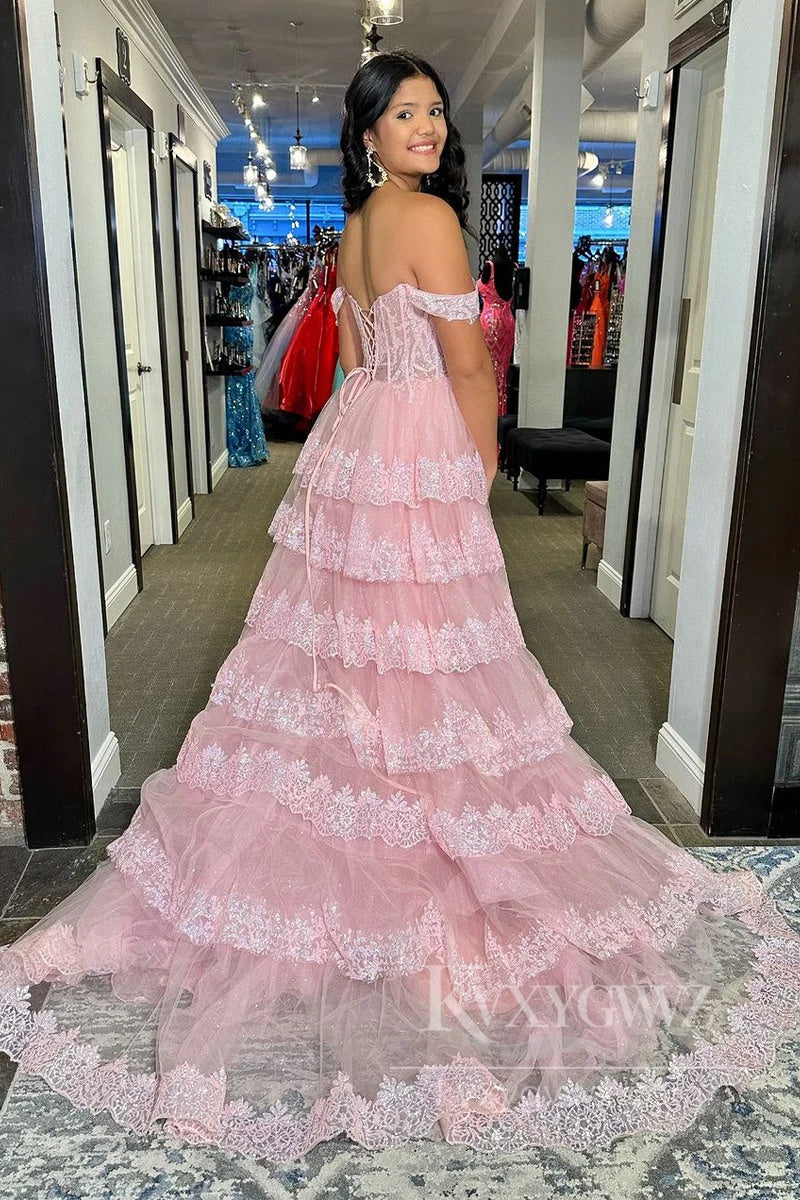 Enchanting Off-the-Shoulder Lace Tiered Prom Dress Fairytale Bridal Perfection Evening Dress LF577