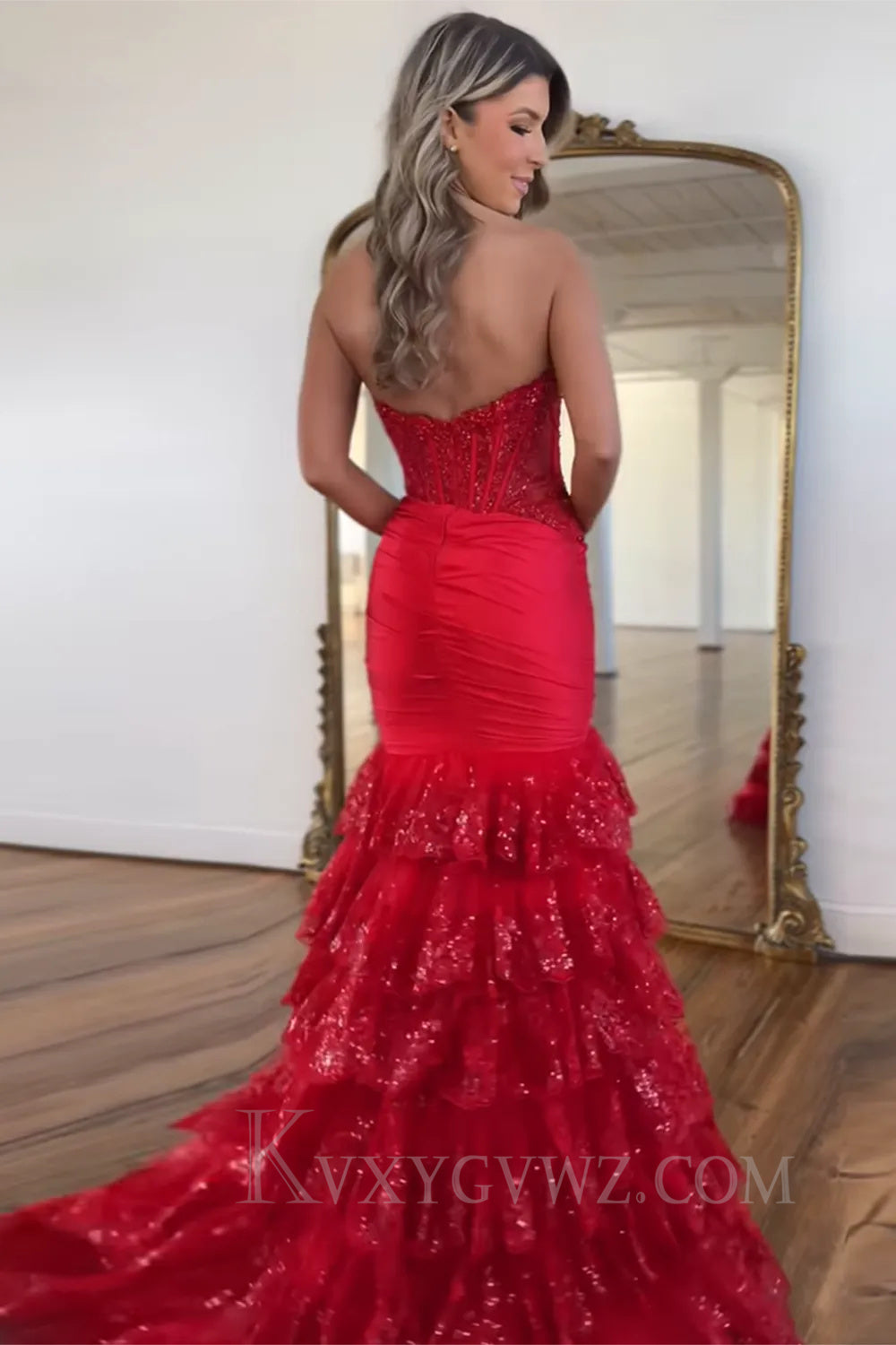 Sparkly Red Lace Ruffled Mermaid Prom Dress with Slit LF058