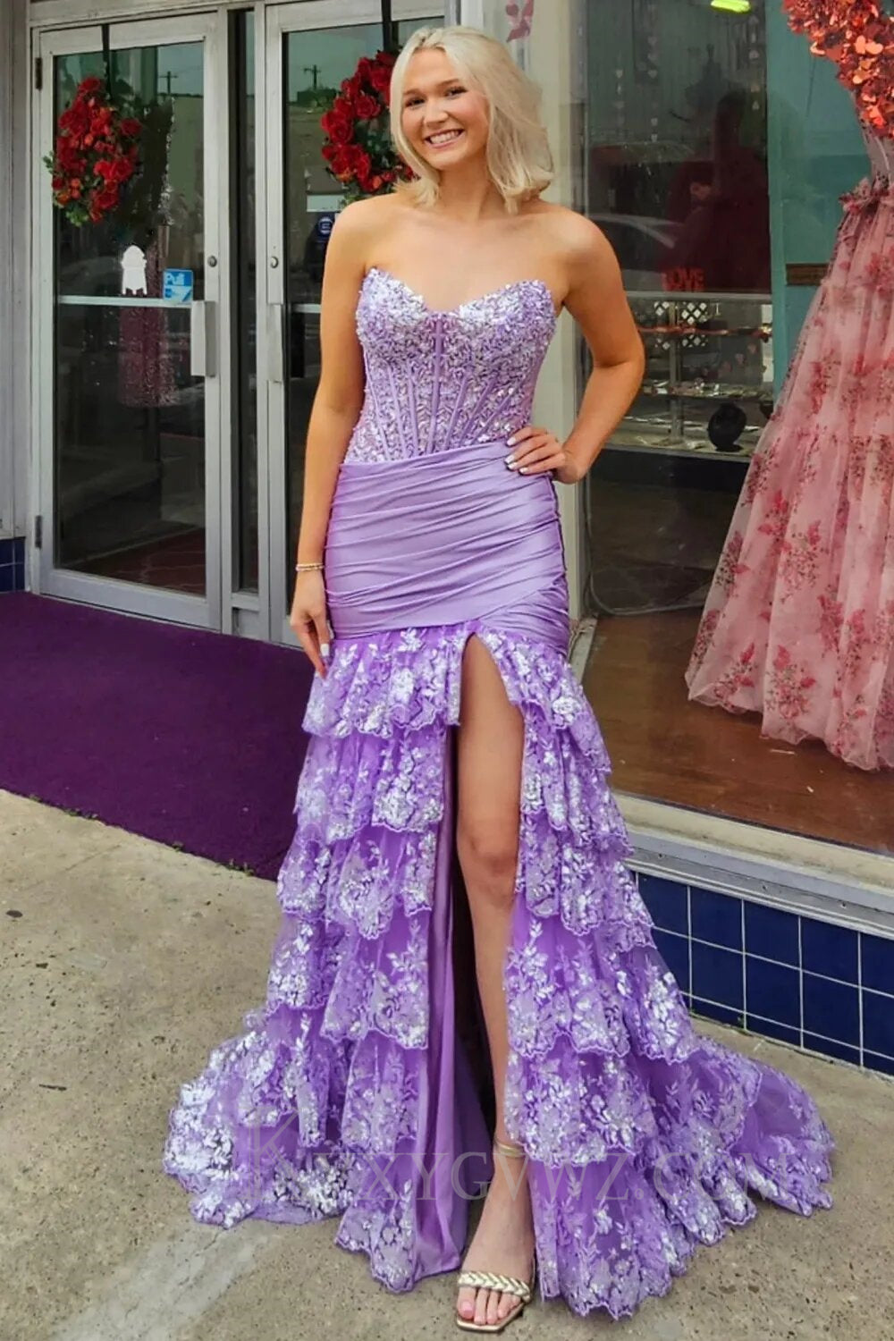 Sparkly Red Lace Ruffled Mermaid Prom Dress with Slit LF058