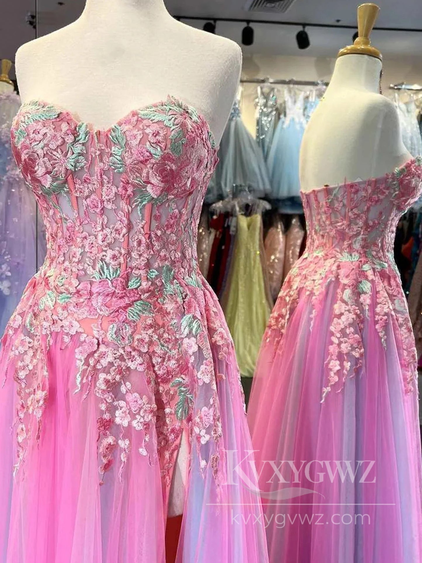 Cute A Line Sweetheart Colorful Tulle Slit Prom Dress with Appliques Evening Dress LF582