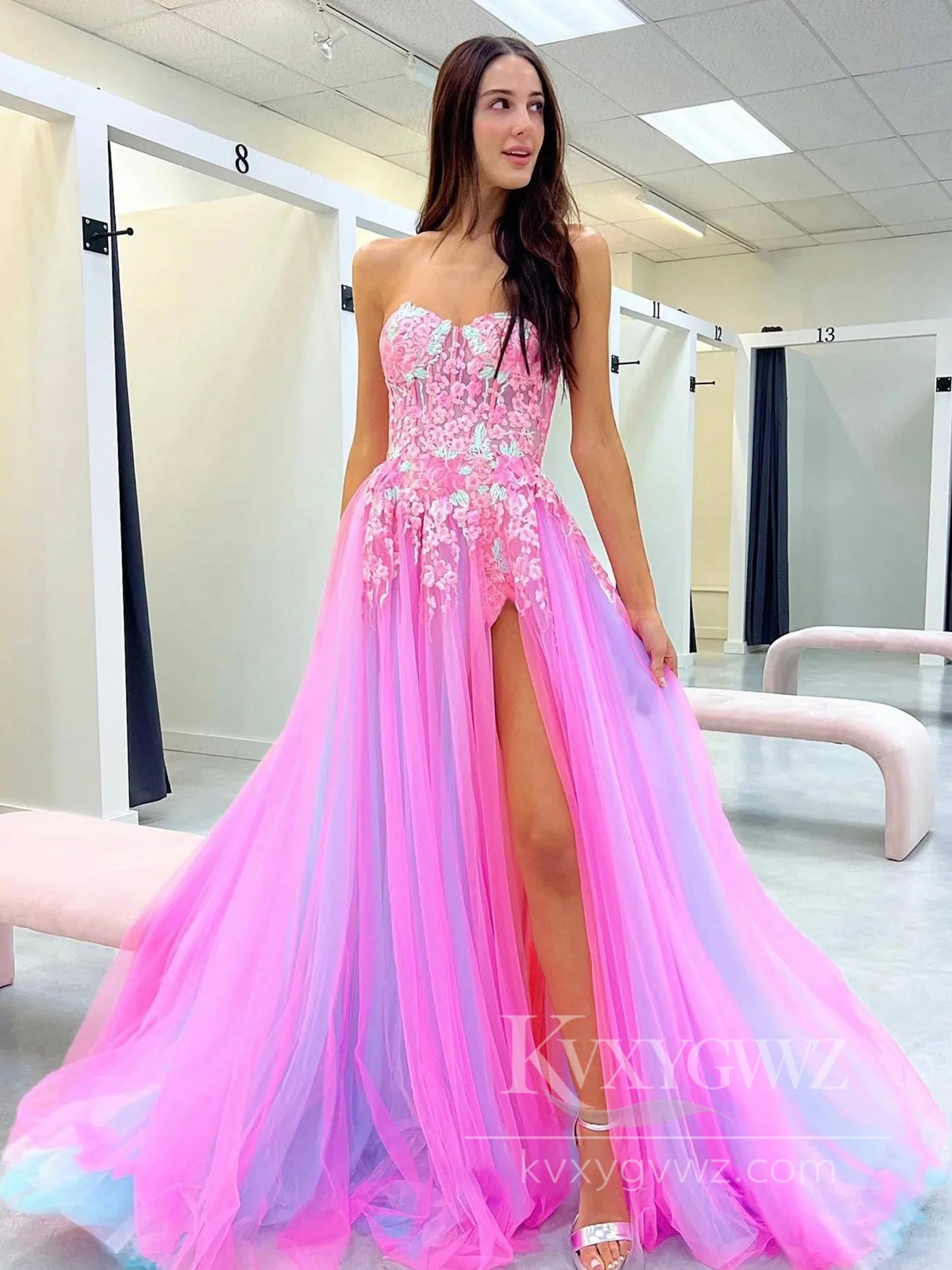 Cute A Line Sweetheart Colorful Tulle Slit Prom Dress with Appliques Evening Dress LF582