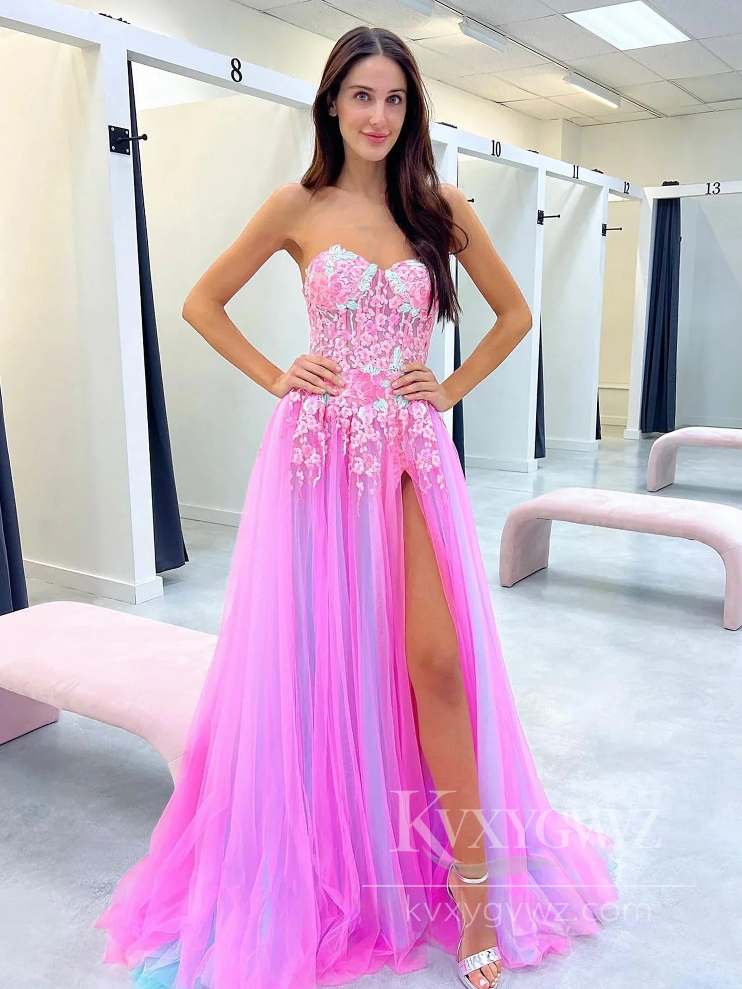 Cute A Line Sweetheart Colorful Tulle Slit Prom Dress with Appliques Evening Dress LF582