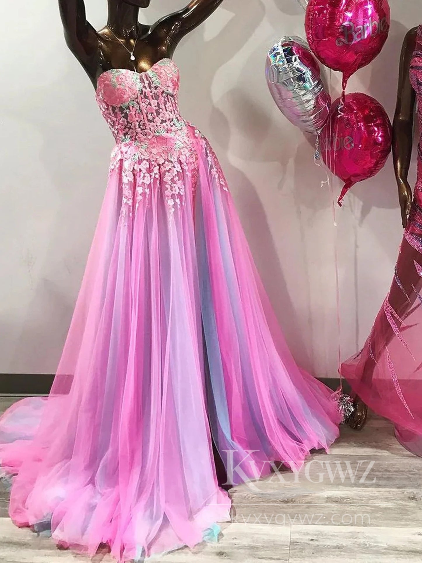 Cute A Line Sweetheart Colorful Tulle Slit Prom Dress with Appliques Evening Dress LF582
