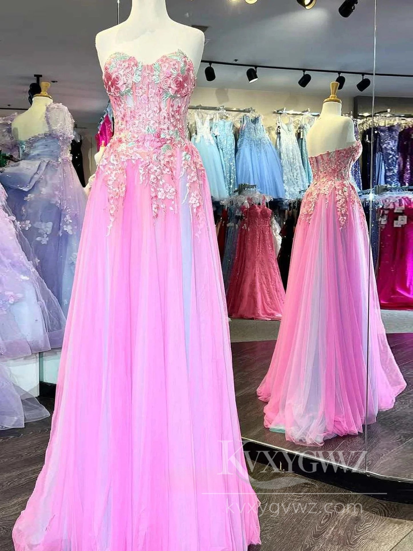 Cute A Line Sweetheart Colorful Tulle Slit Prom Dress with Appliques Evening Dress LF582