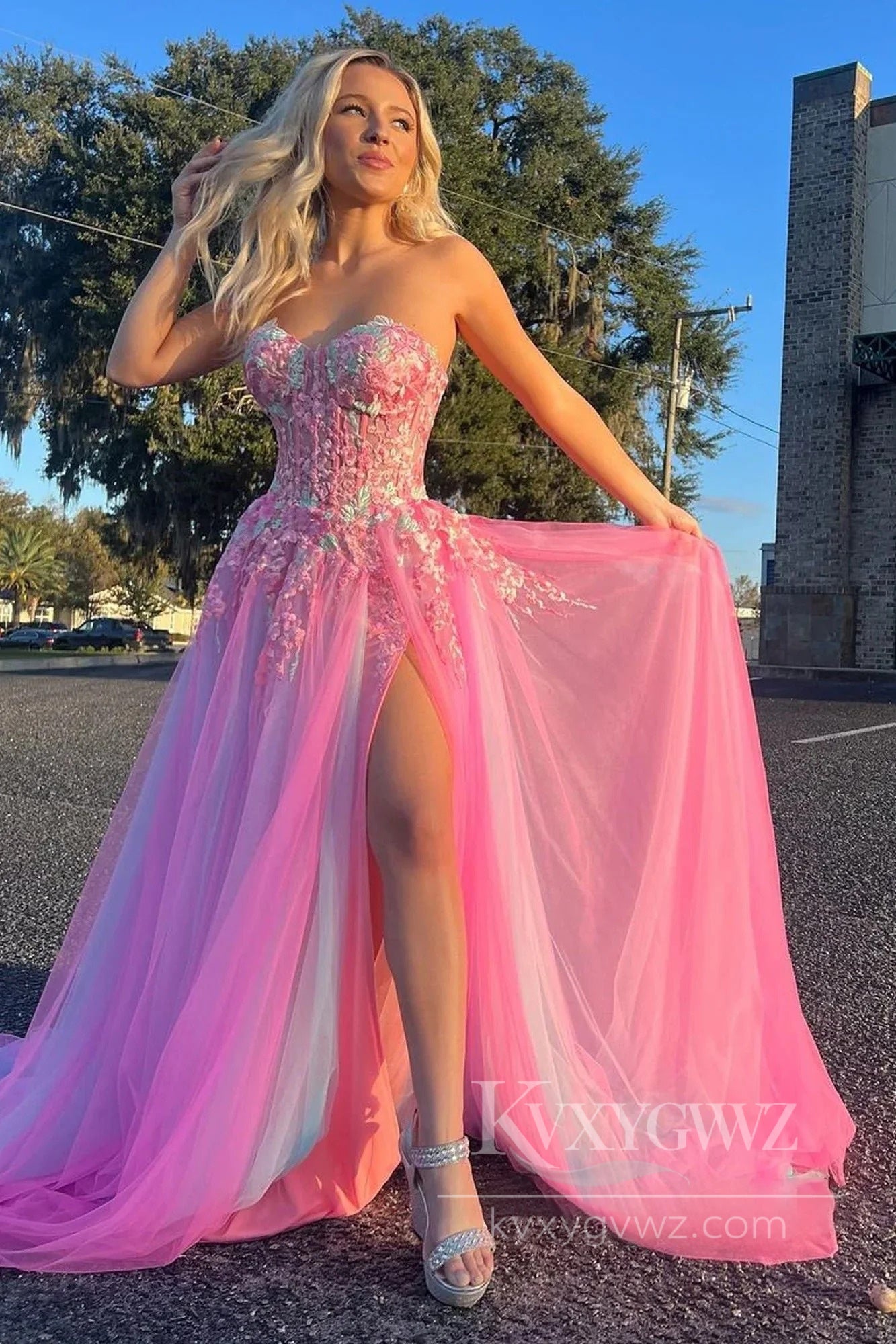 Cute A Line Sweetheart Colorful Tulle Slit Prom Dress with Appliques Evening Dress LF582