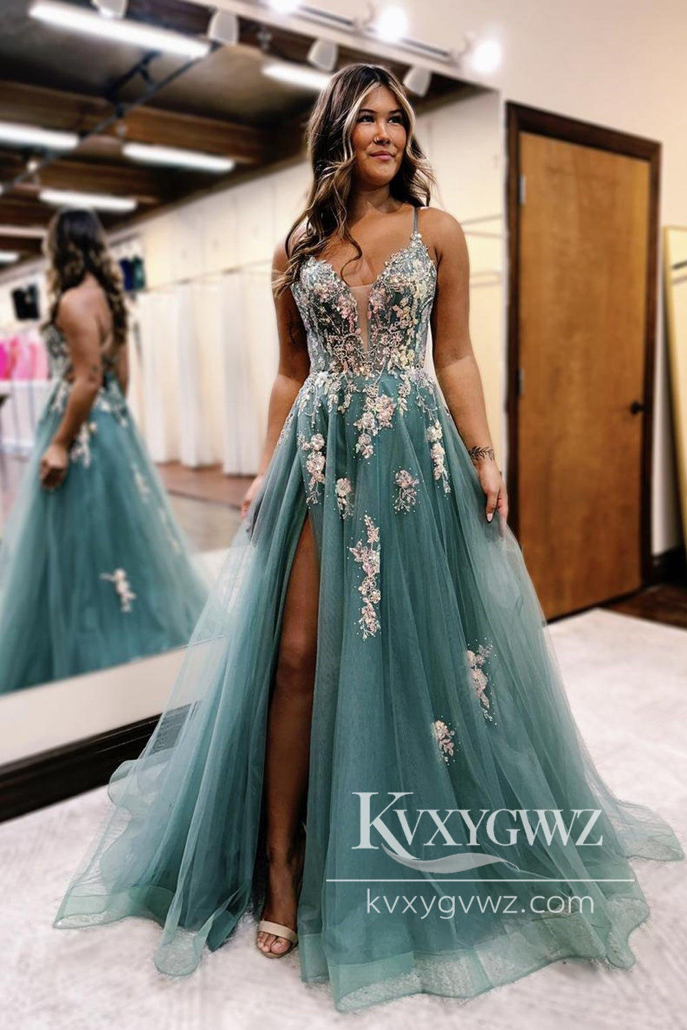 Stunning A Line V Neck Conspicuous Evening Gown Dusty Blue Tulle Prom Dress Gown with Beading LF584