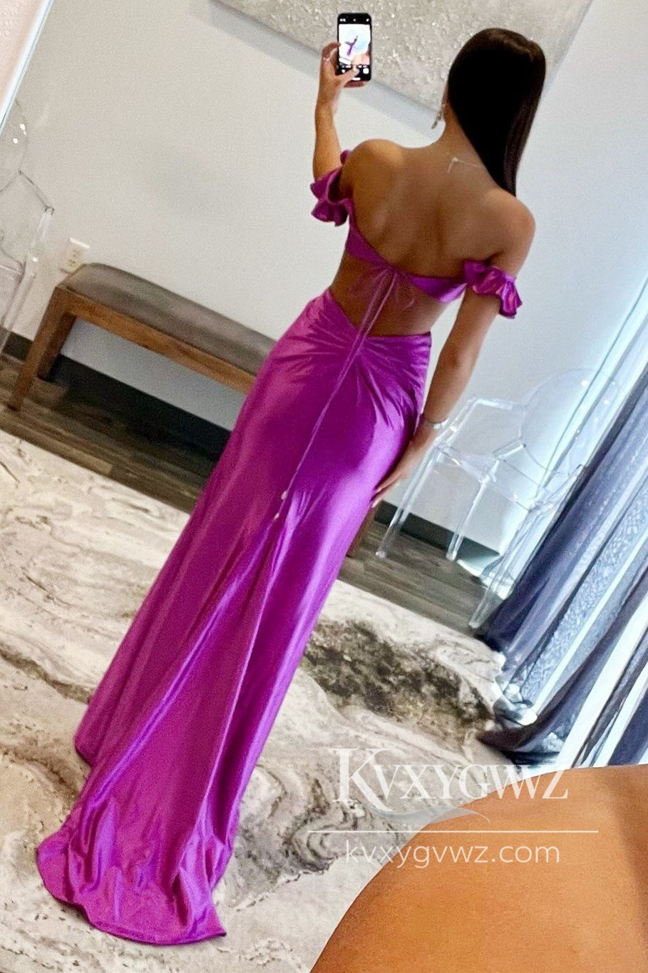 Chic Mermaid Off the Shoulder Evening Gown Lilac Satin Long Mermaid Prom Dress LF585