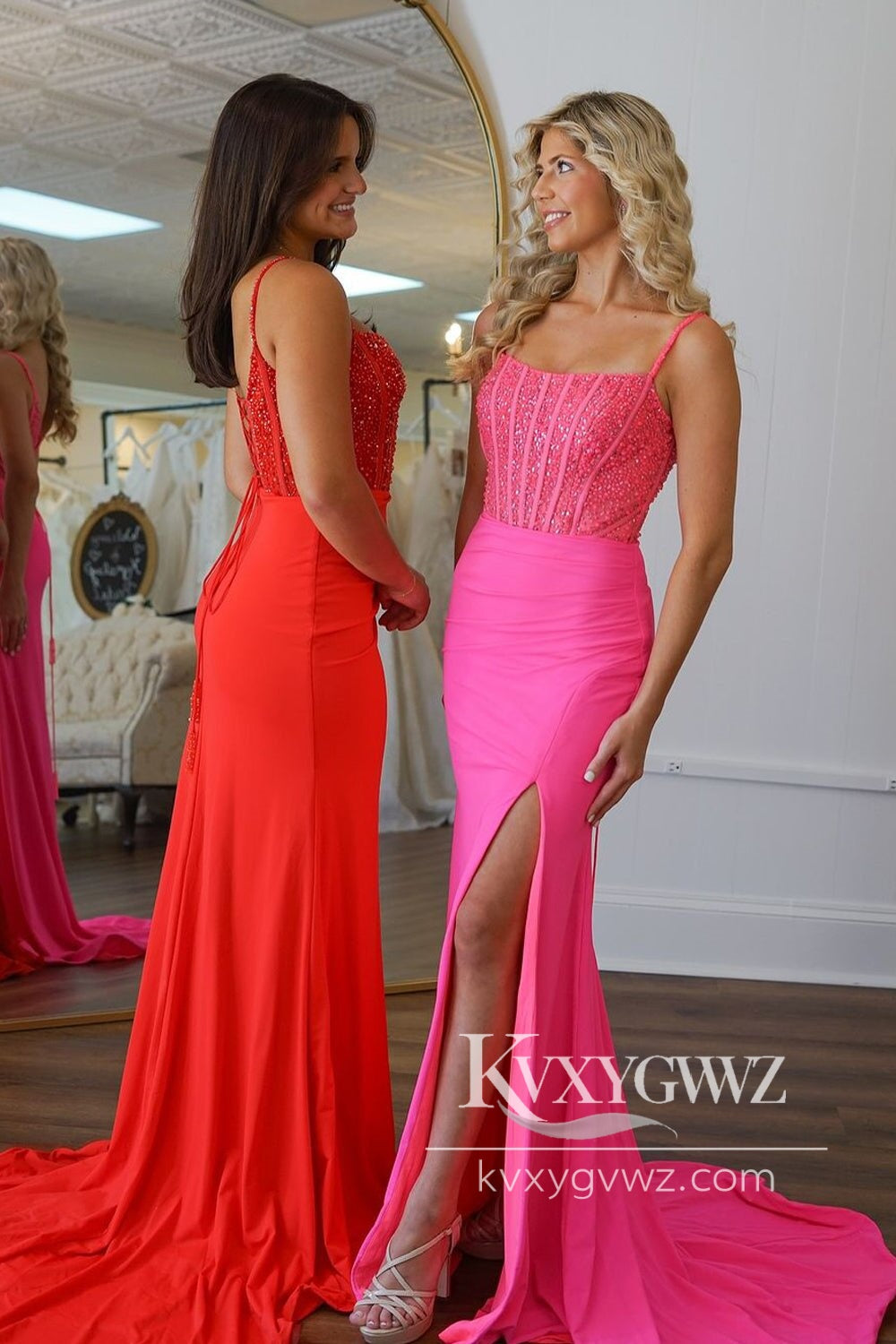 Charming Mermaid Straps Evening Gown Pink Elasitc Satin Slit Prom Dress with Appliques LF586