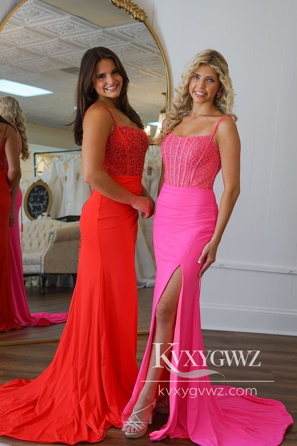 Charming Mermaid Straps Evening Gown Pink Elasitc Satin Slit Prom Dress with Appliques LF586