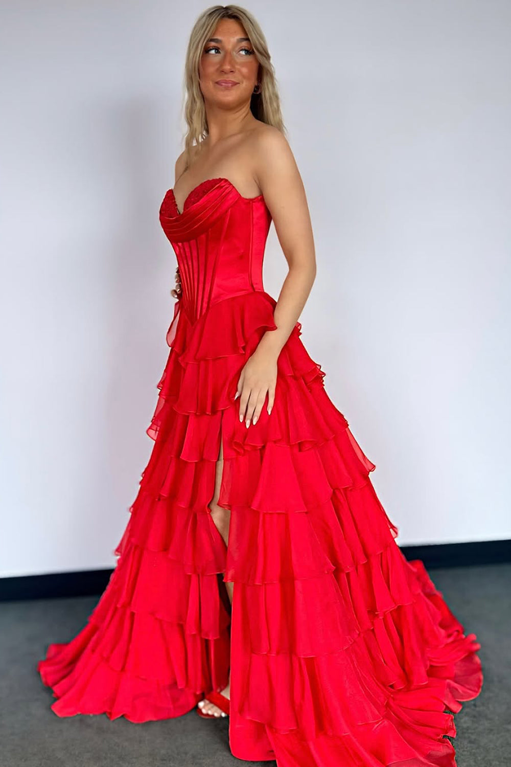 A-Line Strapless Ruffle Tiered Long Prom Dress Gown with Slit LF1374