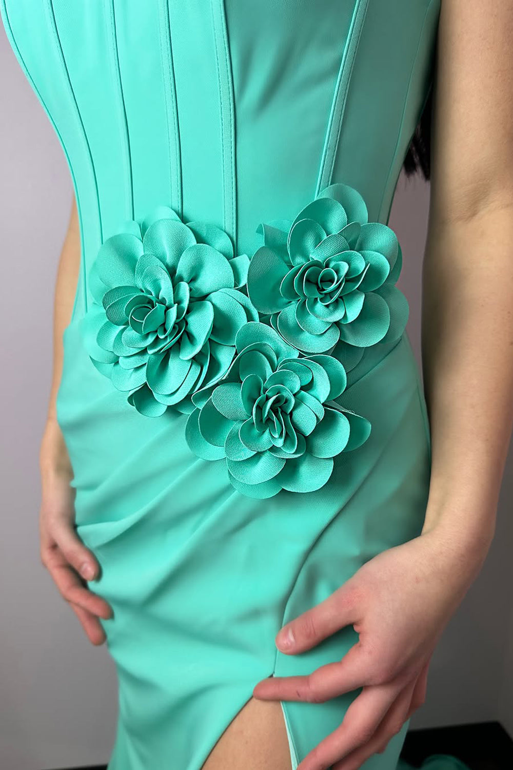 Mermaid Strapless Mint Satin Long Prom Dress Gown with Slit LF1214