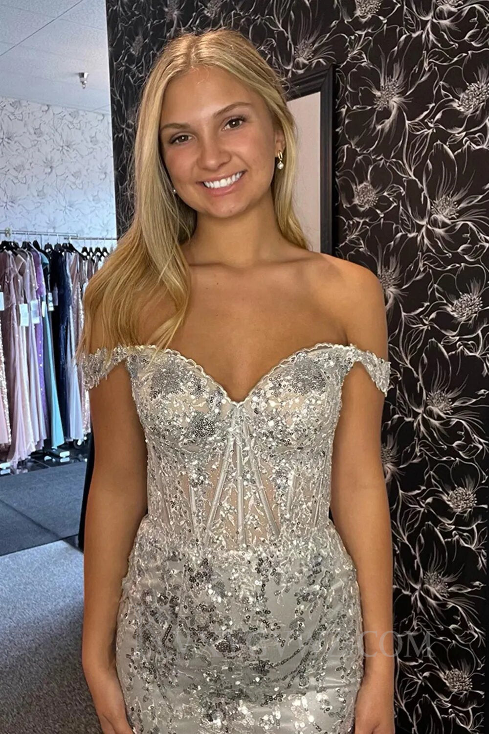 Elegant Off The Shoulder Mermaid Red Long Sequins Prom Dress With Slit LF059