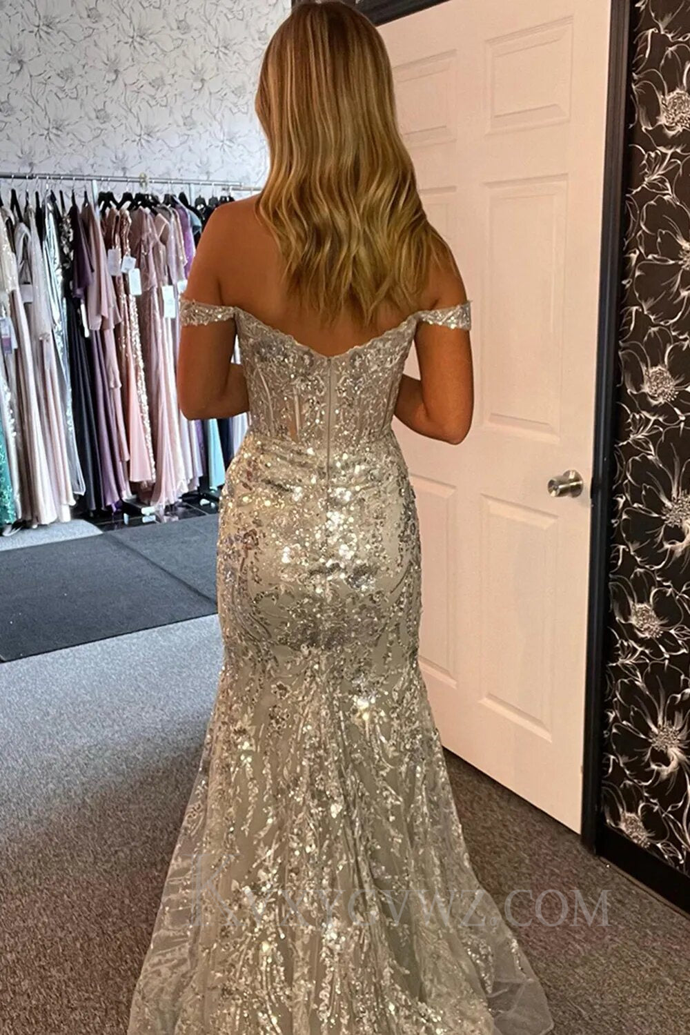 Elegant Off The Shoulder Mermaid Red Long Sequins Prom Dress With Slit LF059