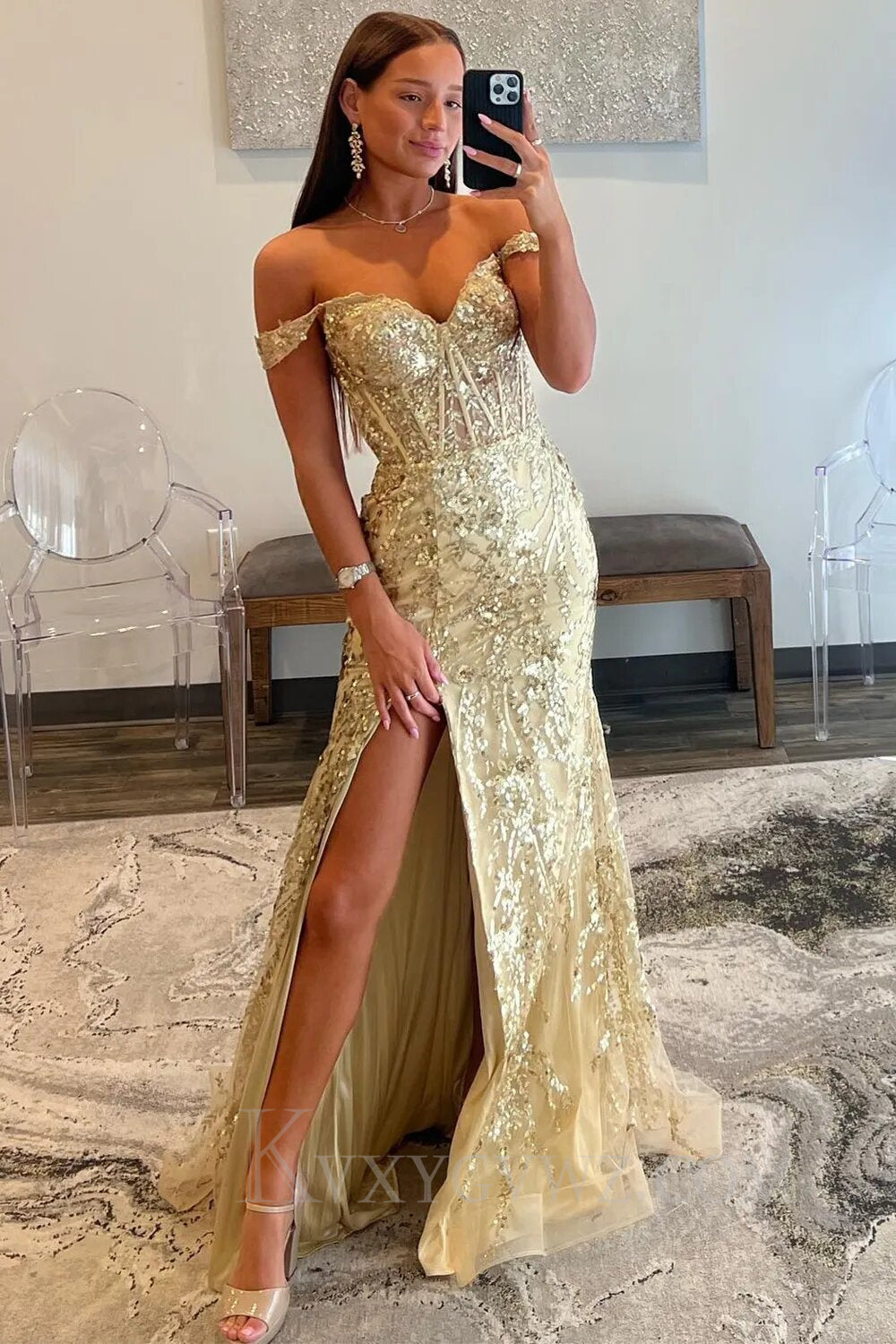Elegant Off The Shoulder Mermaid Red Long Sequins Prom Dress With Slit LF059