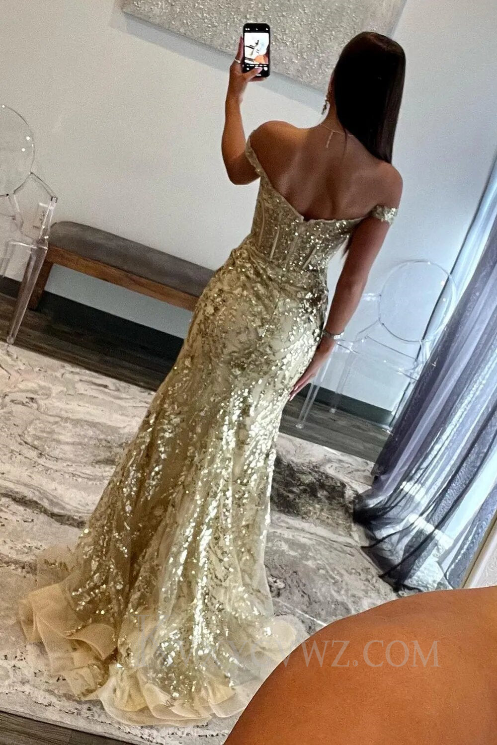 Elegant Off The Shoulder Mermaid Red Long Sequins Prom Dress With Slit LF059