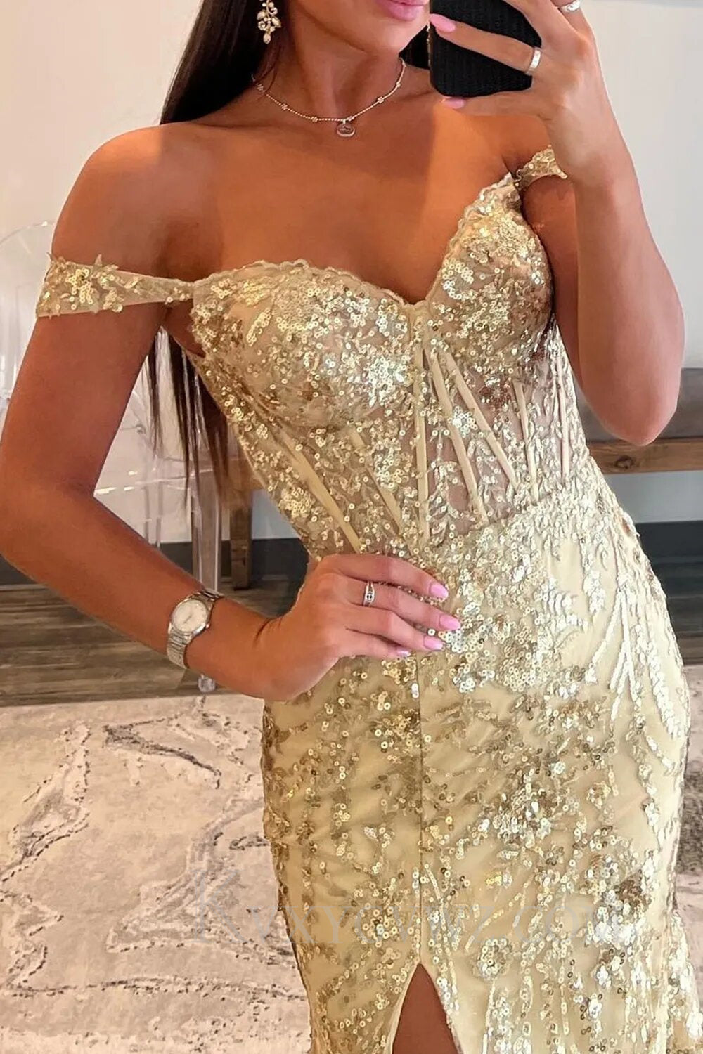 Elegant Off The Shoulder Mermaid Red Long Sequins Prom Dress With Slit LF059