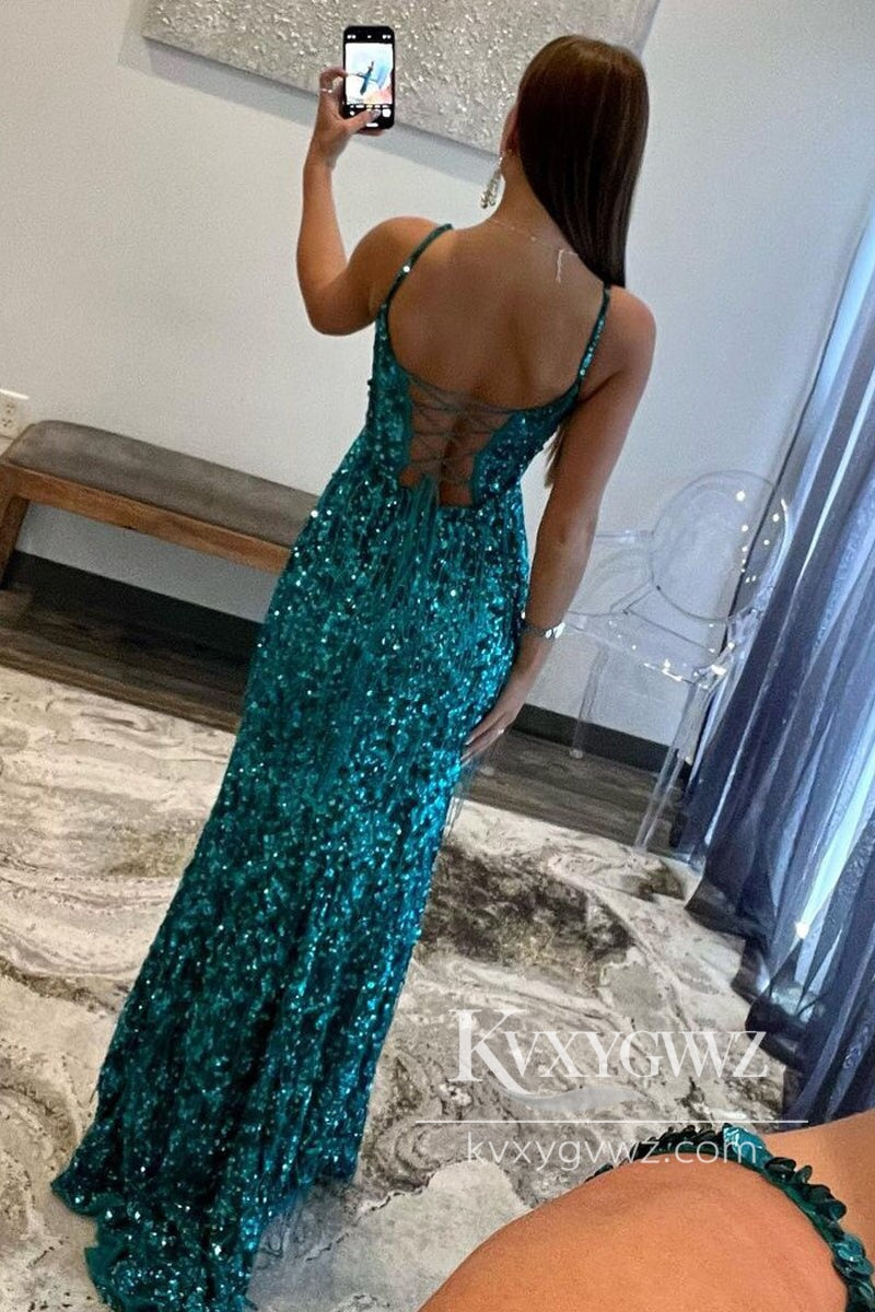 Charming Conspicuous Sheath Evening Gown V Neck Peacock Sequins Long Prom Dress with Beading LF591