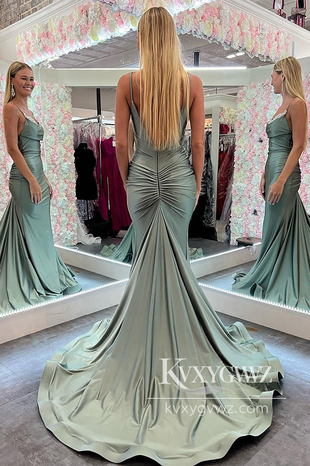 Chic Mermaid Scoop Neck Sage Green Evening Gown Satin Long Prom Dress LF593