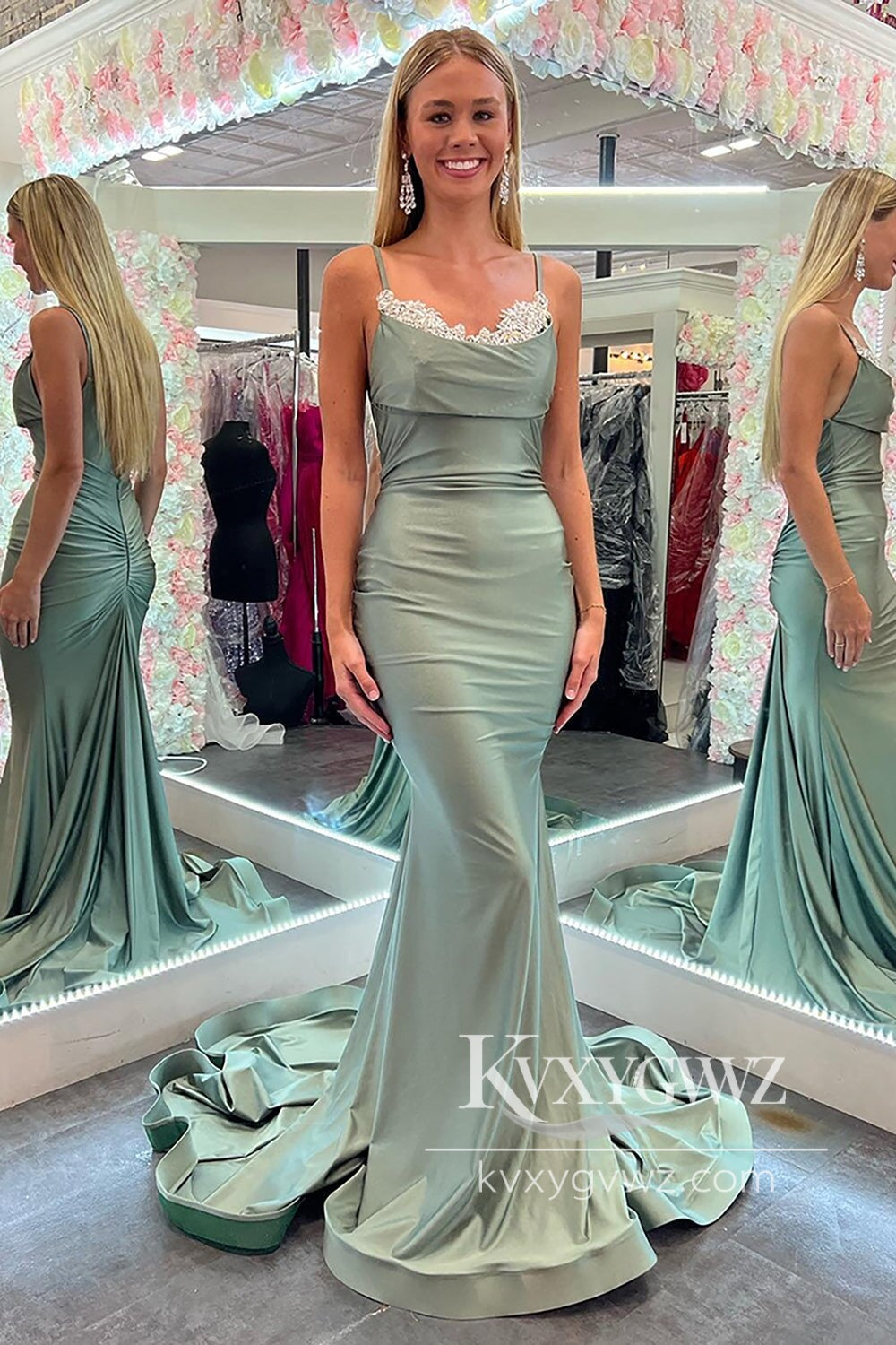 Chic Mermaid Scoop Neck Sage Green Evening Gown Satin Long Prom Dress LF593