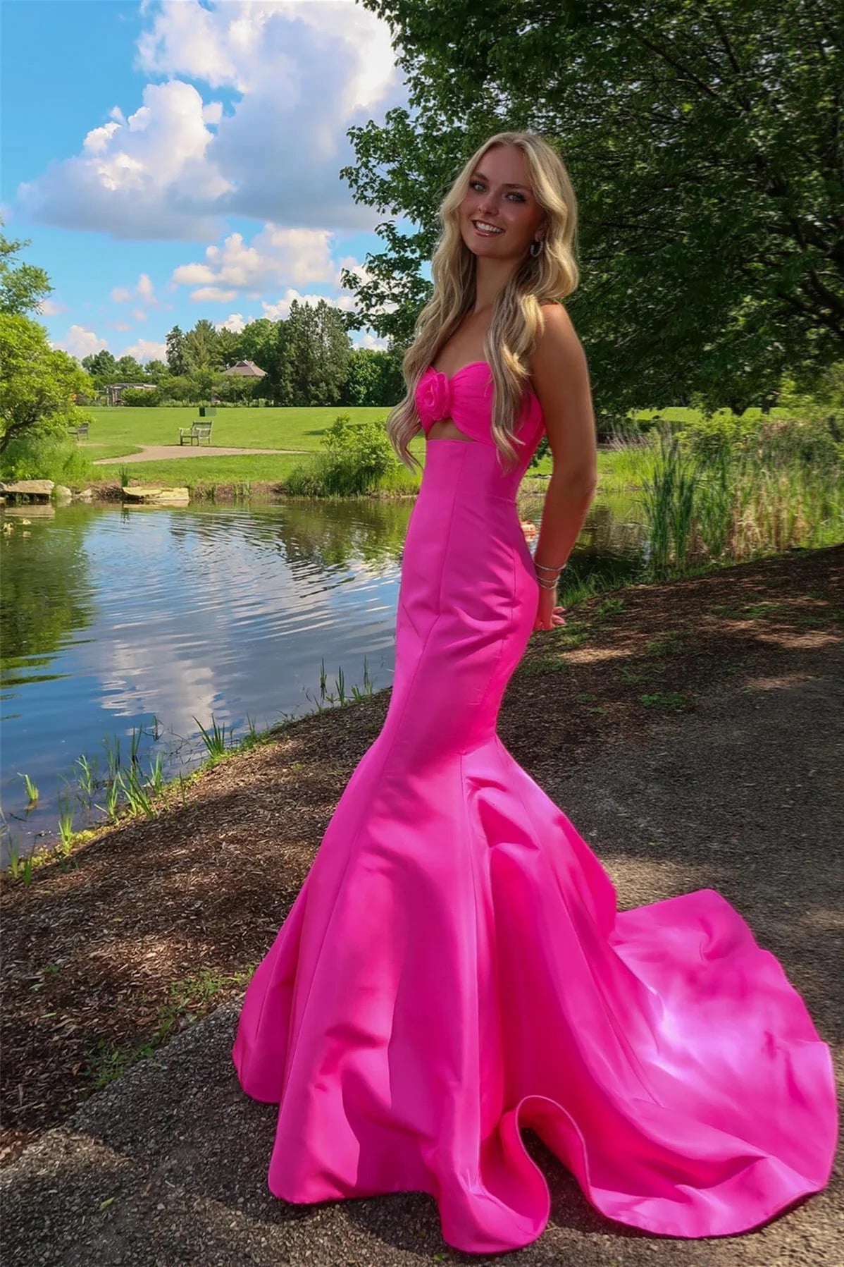 Mermaid Sweetheart Keyhole Pink Satin Prom Dress Gown with Bow LF1211