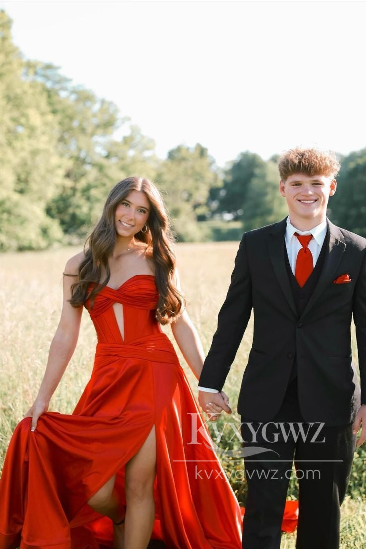 Stunning A Line Sweetheart Evening Gown Keyhole Burgundy Satin Slit Prom Dress LF594