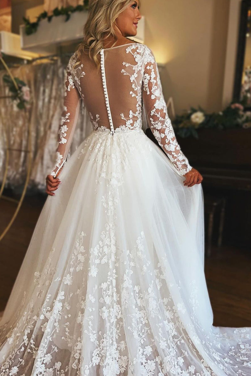 Charming A-Line V Neck Long Sleeve Tulle Lace Wedding Dresses/Gowns HS23112506