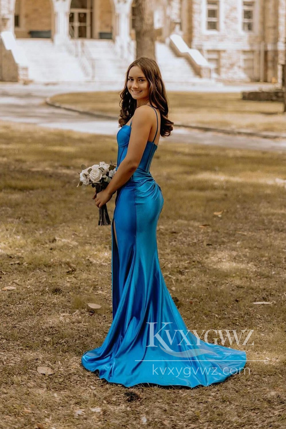 Charming Mermaid Sweetheart Evening Gown Royal Blue Satin Slit Prom Dress LF597