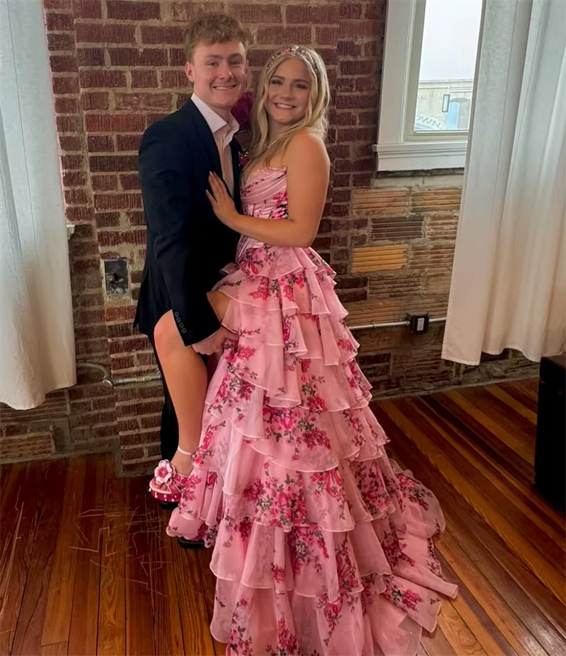 Princess A-Line Strapless Evening Gown Blue Floral Printed Chiffon Long Prom Dress with Slit LF1359