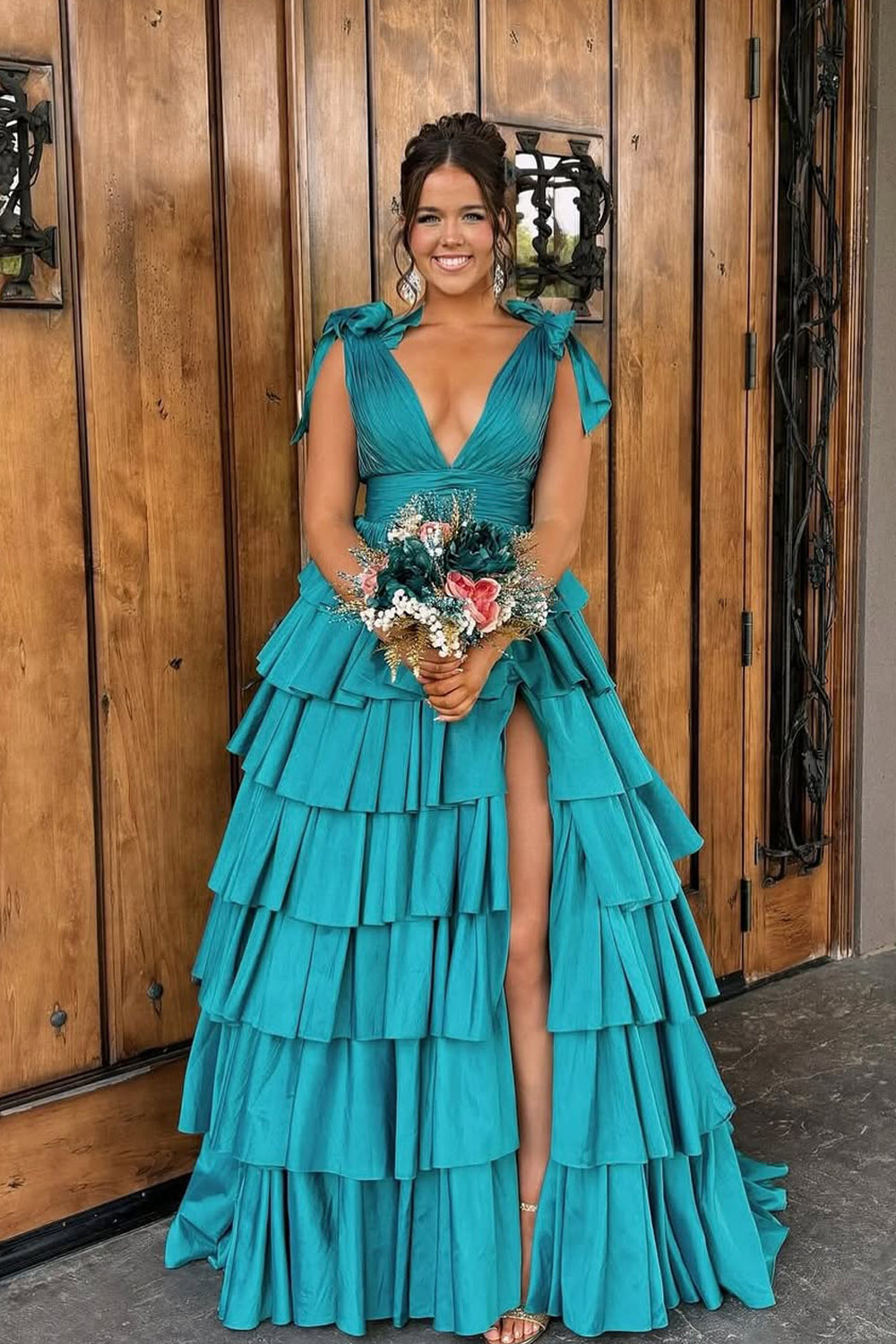 Stunging A Line V Neck Peacock Blue Taffeta Tiered Prom Dress Gown with Slit LF1385