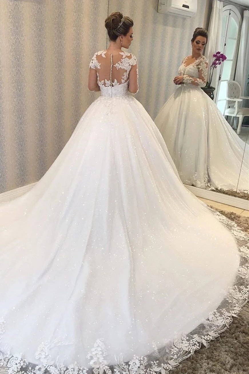 Princess Long Sleeves Sheer Back White Wedding Dresses/Gowns with Lace HS0318008