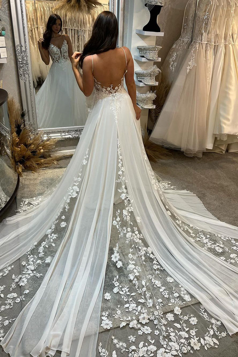 A-Line V Neck Chiffon Boho Wedding Dresses Gown HS758