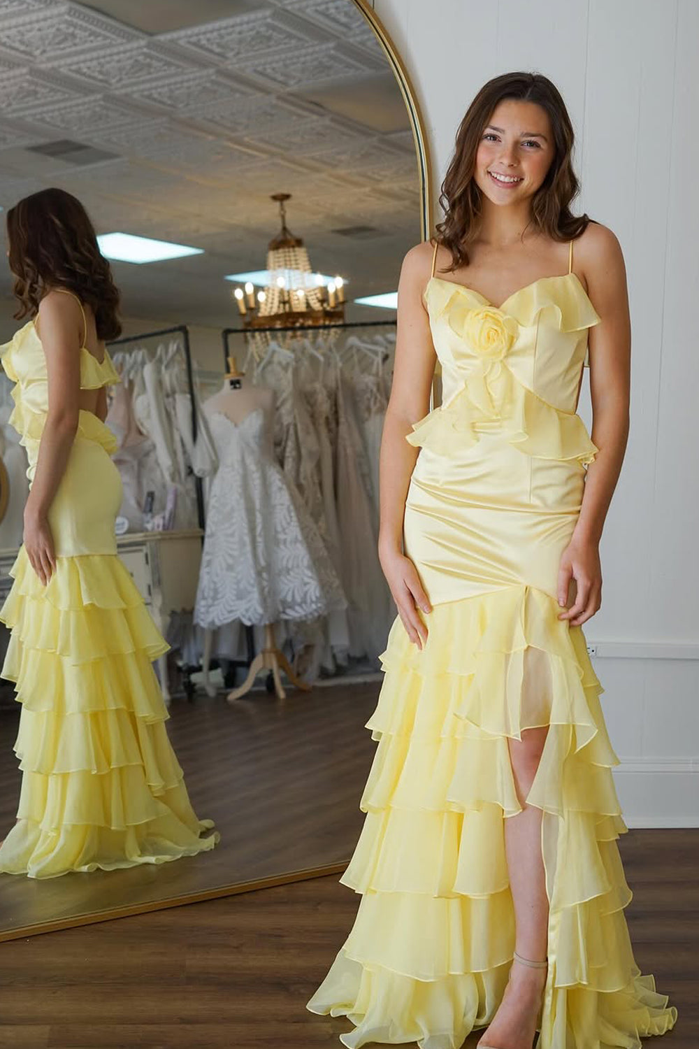 Mermaid Spaghetti Straps Yellow Ruffle Chiffon Long Prom Dress Gown with Slit LF1222