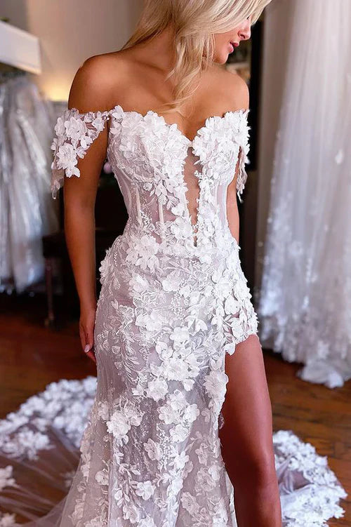 Glamorous Mermaid Sweetheart White Wedding Dresses Gown with Flower Appliques HS673