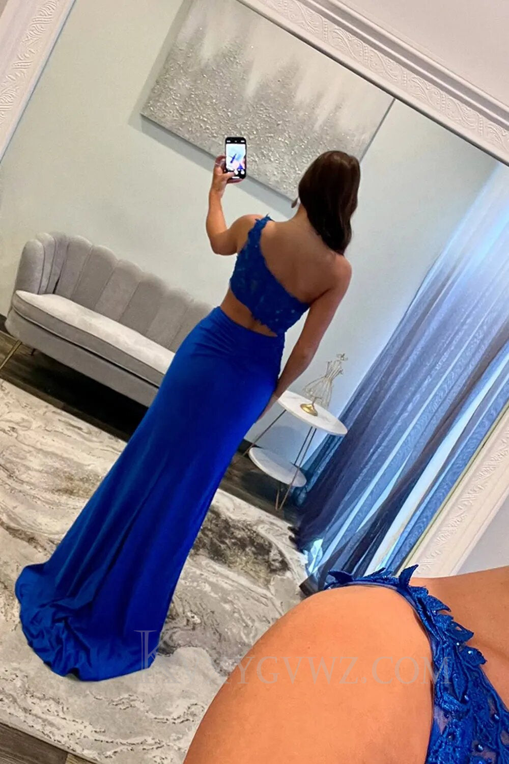 Royal Blue One Shoulder Lace Prom Dress with Slit LF060