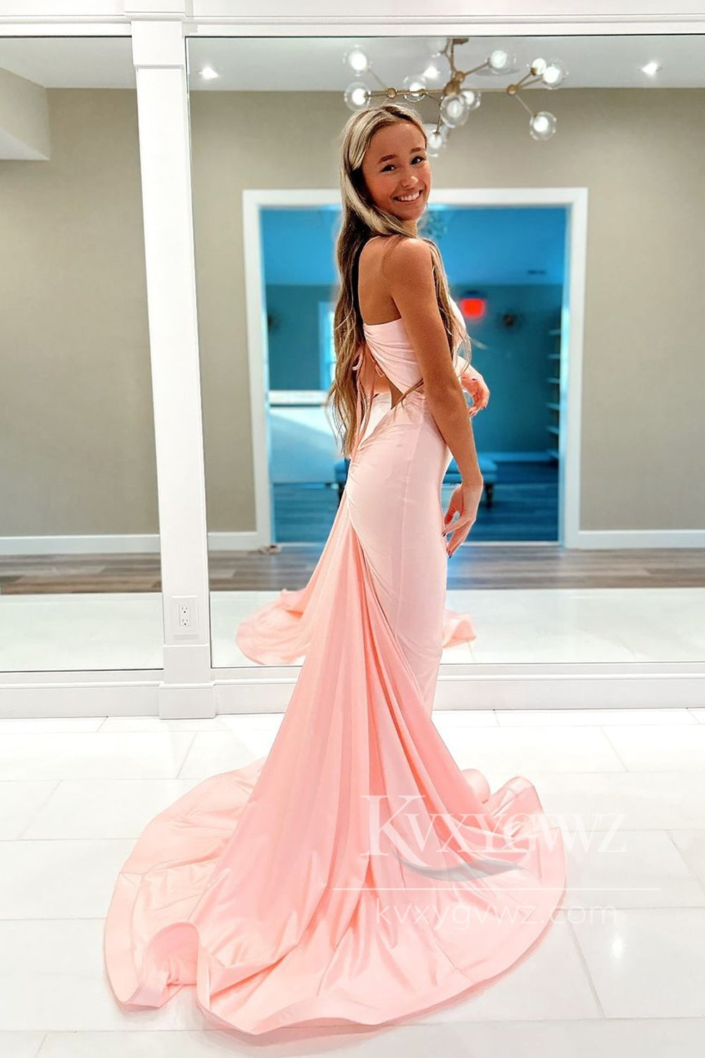 Charming Mermaid V Neck Evening Gown Blush Pink Satin Long Prom Dress LF601