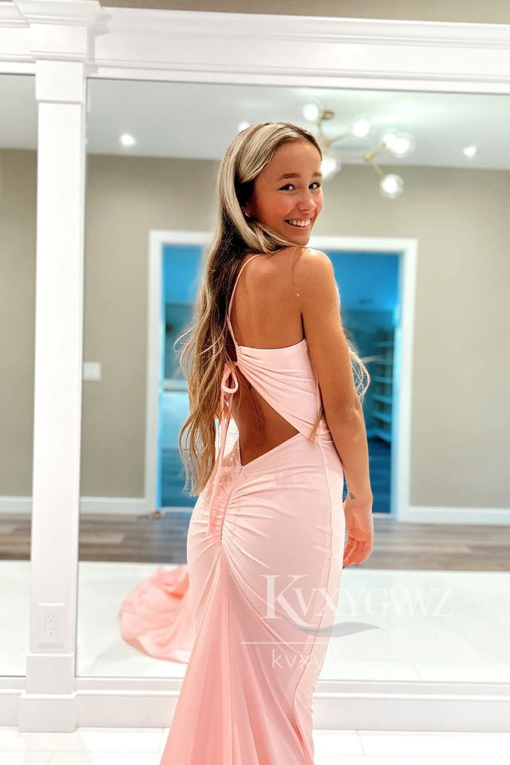 Charming Mermaid V Neck Evening Gown Blush Pink Satin Long Prom Dress LF601