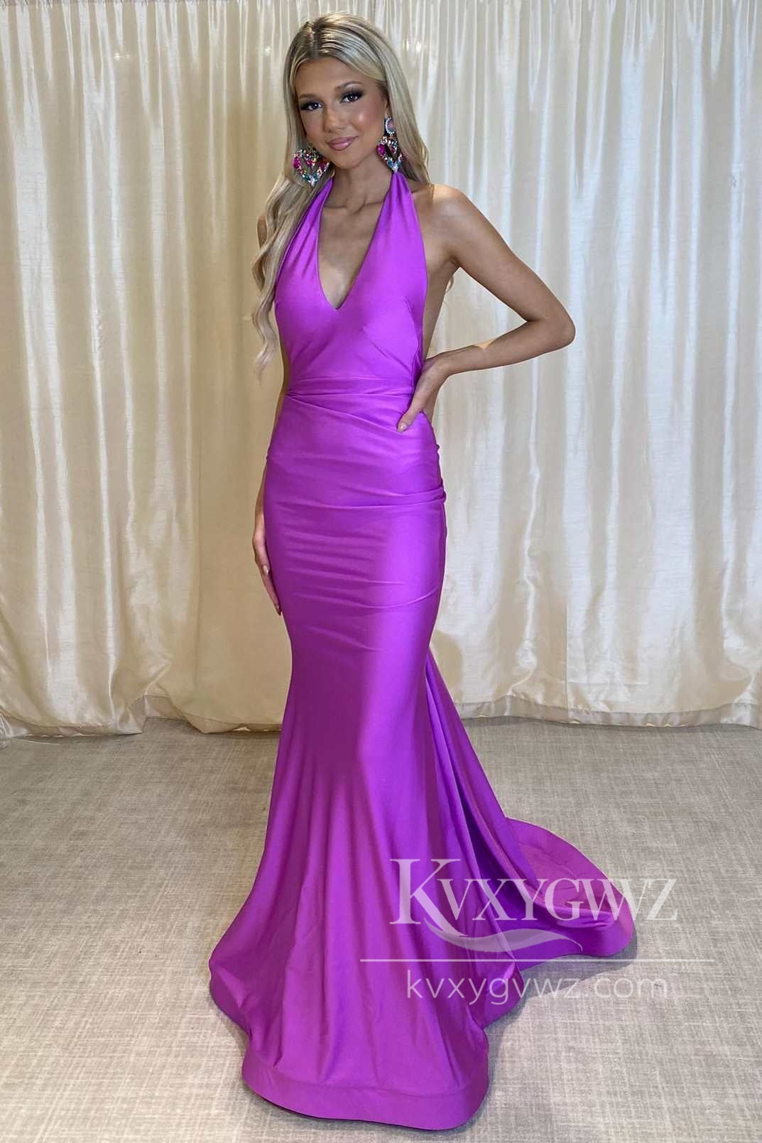 Chic Mermaid Purple Halter Elastic Evening Dress Satin Long Prom Formal Prom Dress LF603