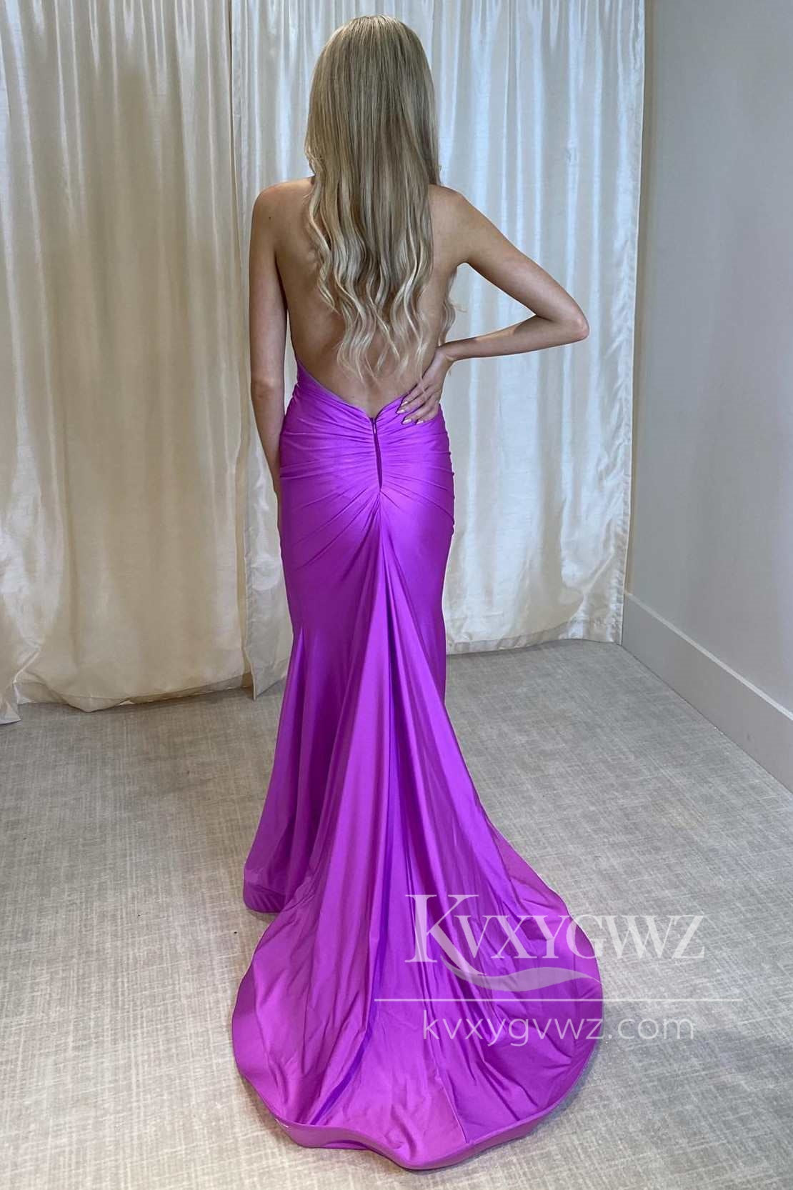 Chic Mermaid Purple Halter Elastic Evening Dress Satin Long Prom Formal Prom Dress LF603