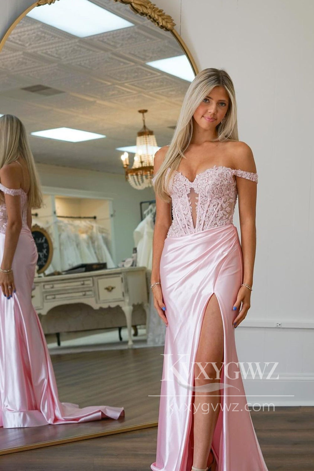 Charming Mermaid Sweetheart Evening Gown Pink Satin Long Prom Dress With Split LF606